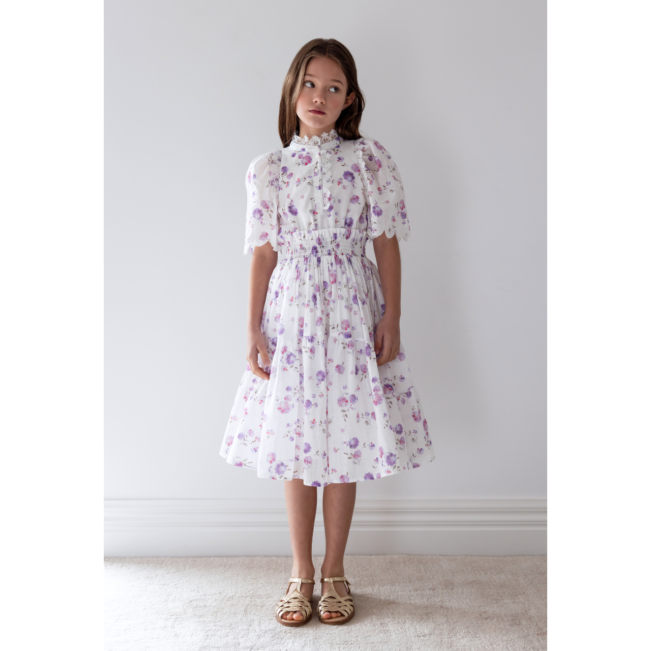 Petite Amalie White Lilac Floral Shirred Waist Dress