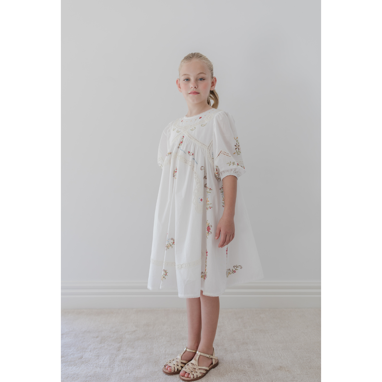 Petite Amalie White Cross Stitch Elbow Sleeve Dress
