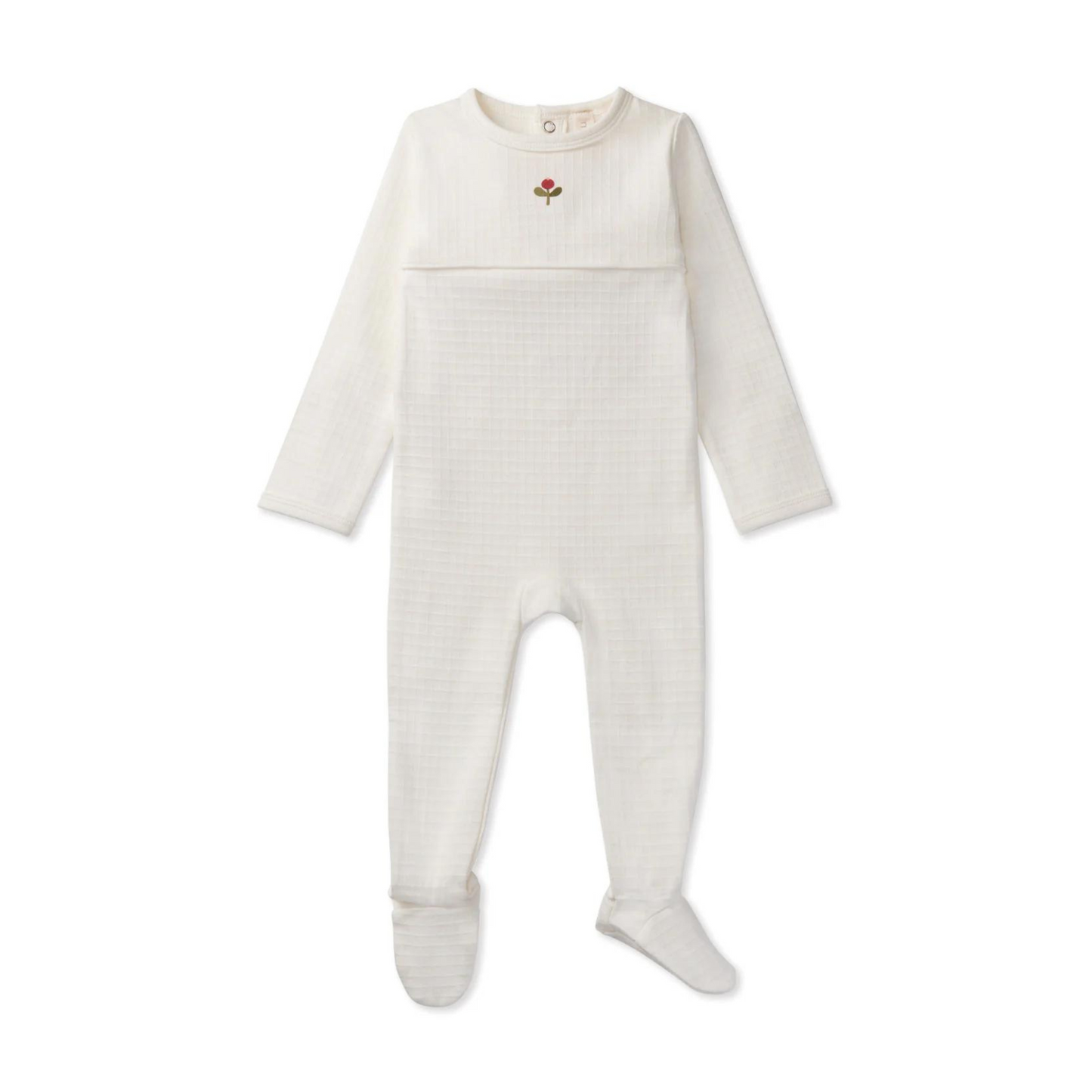 Minimoi Waffle Footie with Embroidered Flower Bud