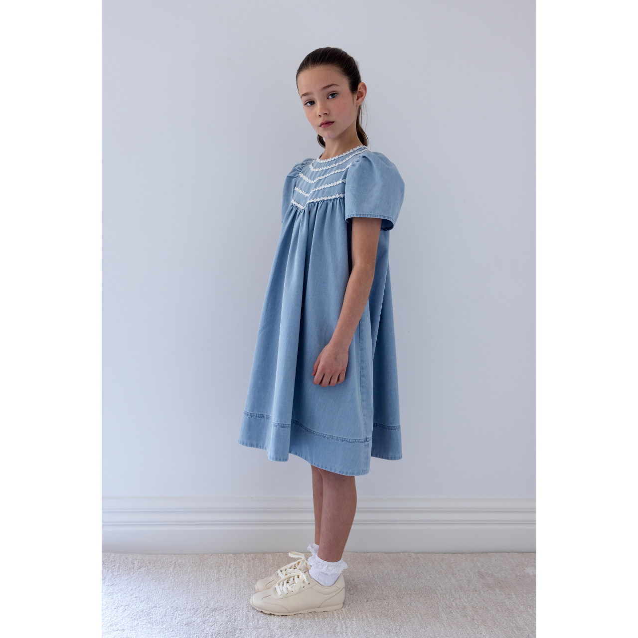 Steph The Label Pale Wash Chambray Daisy Chain Dress