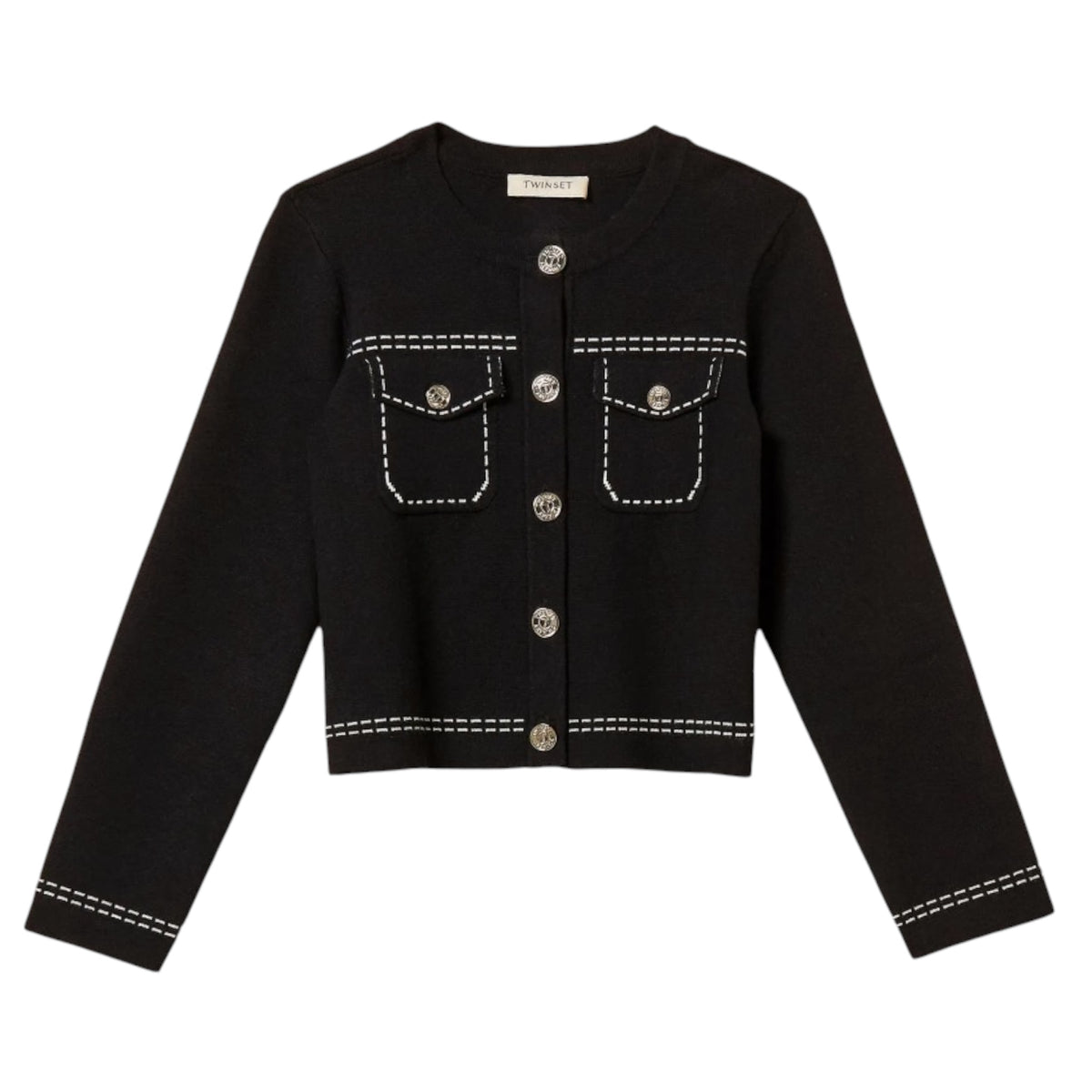 Twinset Black/Snow White Denim Long Sleeve Knit Jacket