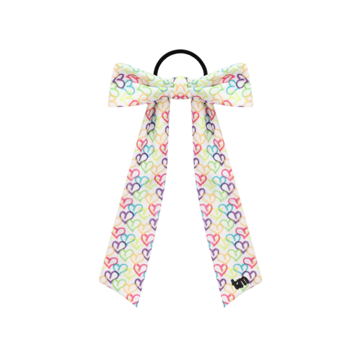 Tis Me Heart Heart And Splatter Printed Collection Long Tail Bow Sewn Onto Pony Holder