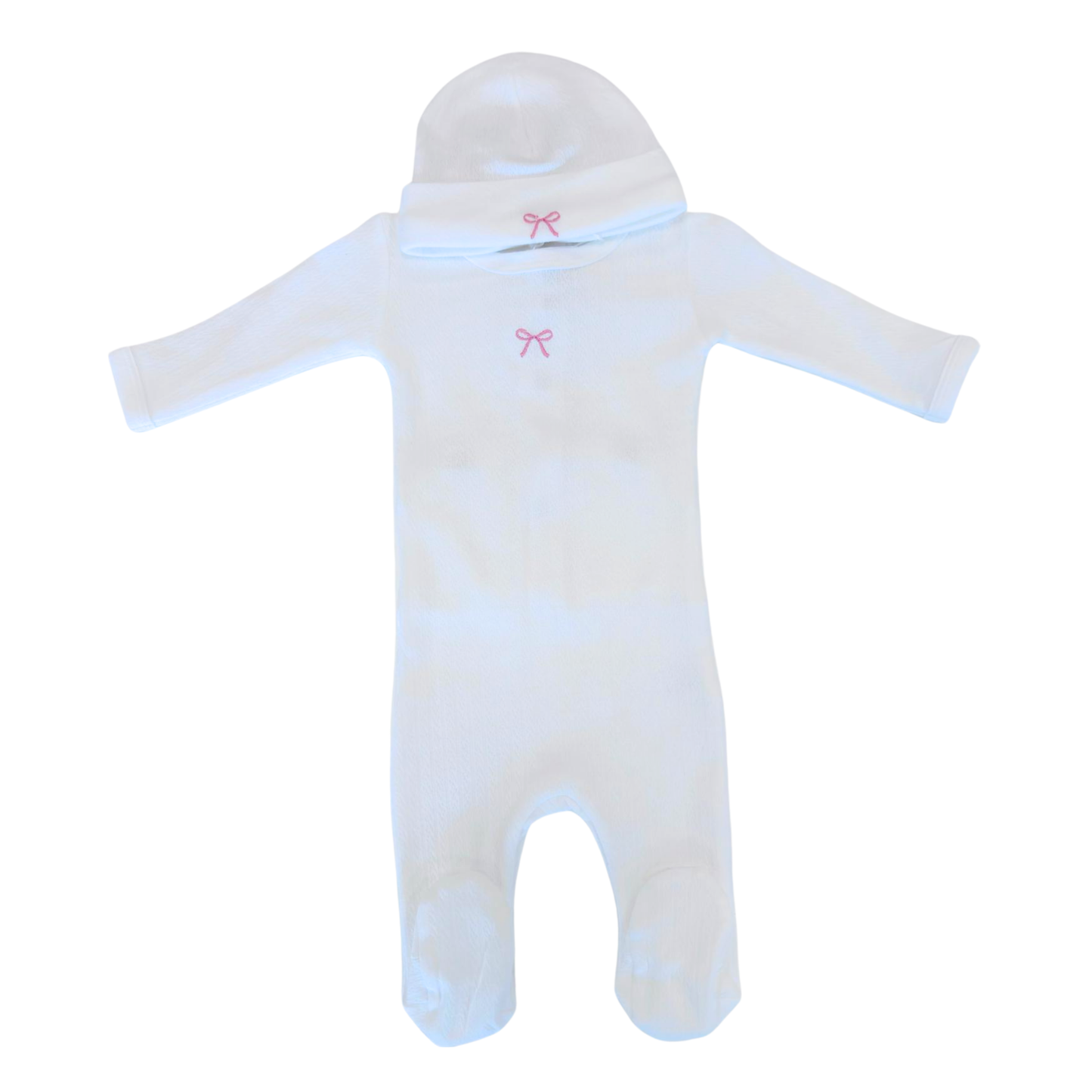 Coton Pompom White Little Bow Footie with Hat