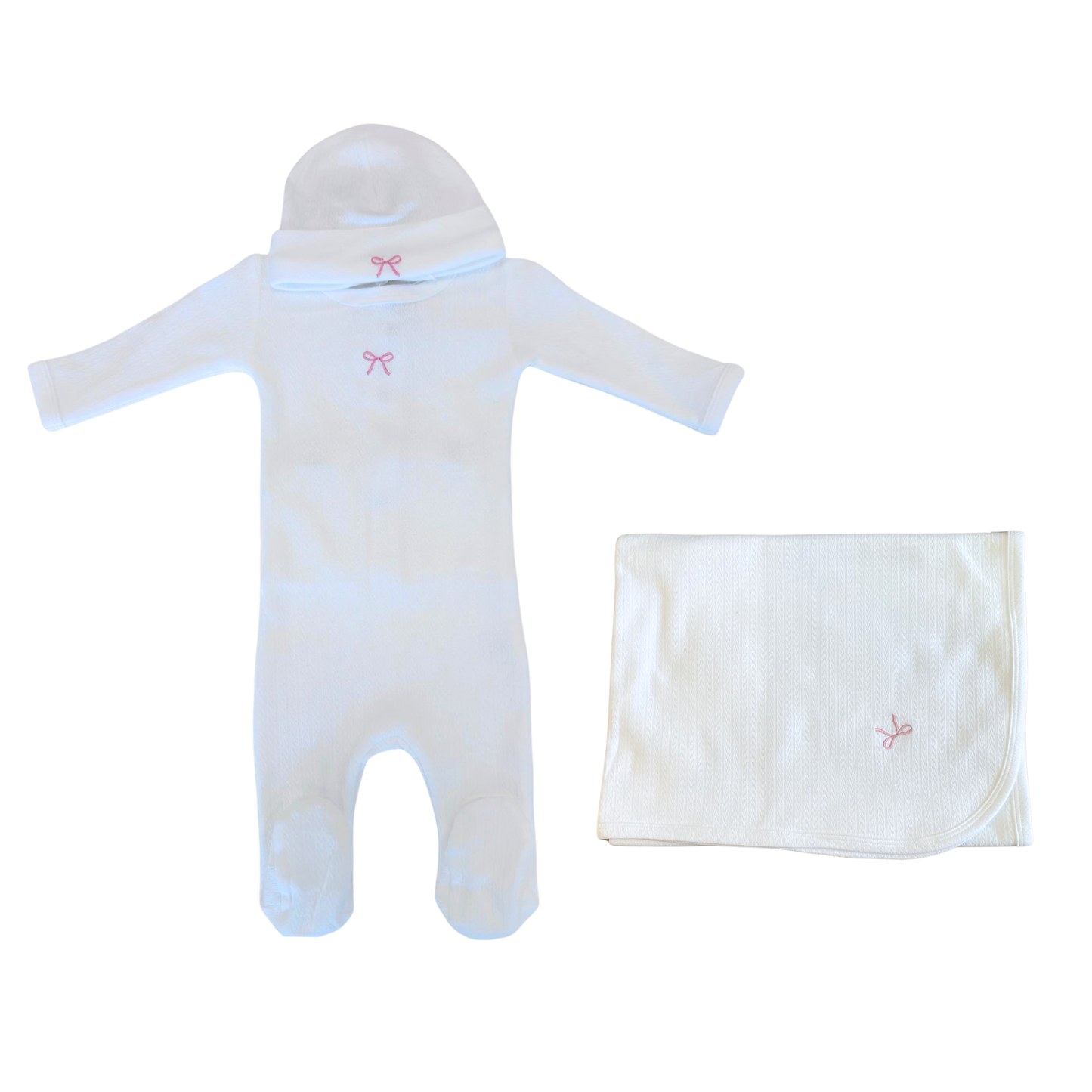 Coton Pompom White Little Bow Footie Layette Set