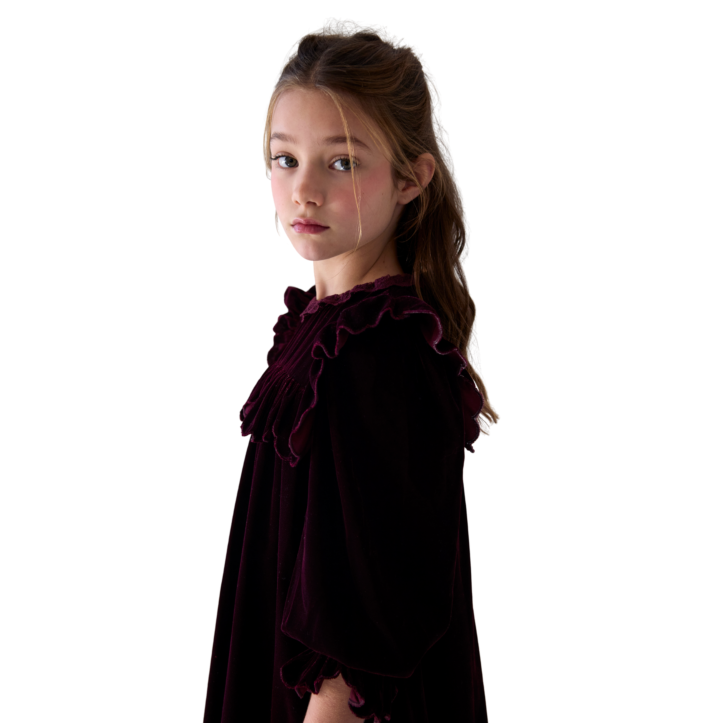 Petite Amalie Dark Cherry Lace Trim Velvet Dress