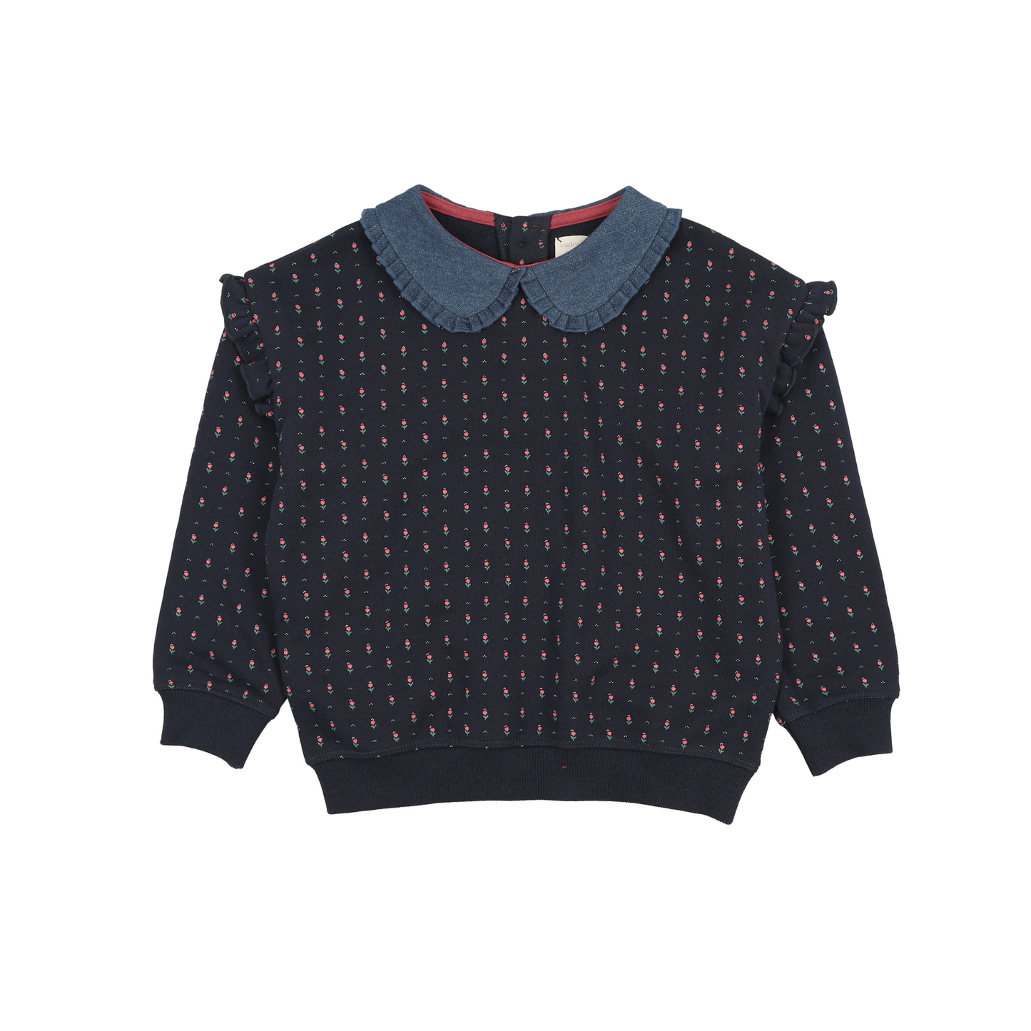 Analogie Navy Print Sweet Campaign Denim Collar Ruffle Sweatshirt