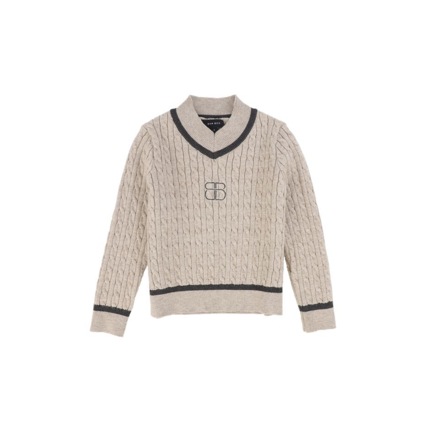 Bamboo Beige Cable-Knit Stripe Trim Sweater