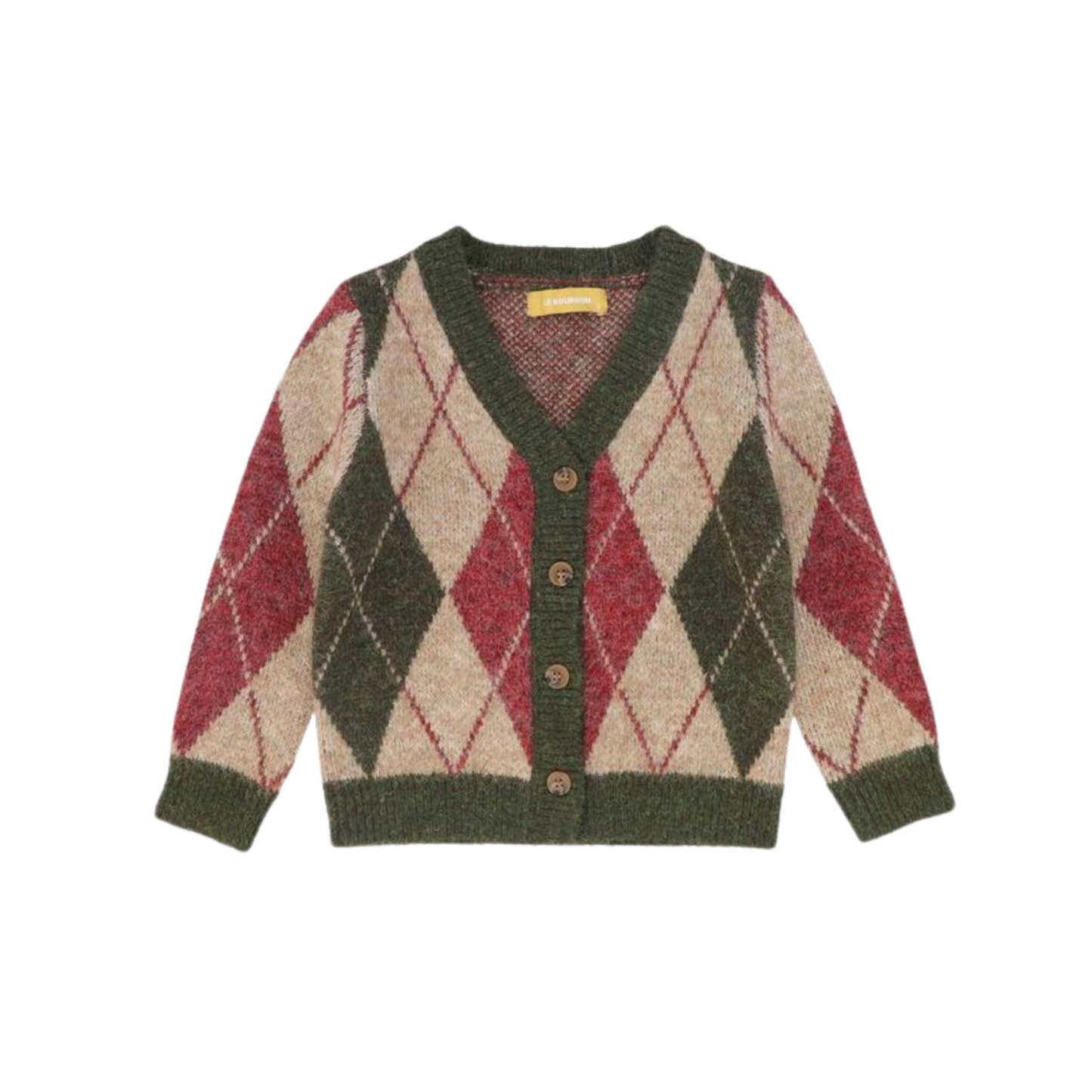 Le Bourdon Olive Argyle Knit Trim Cardigan