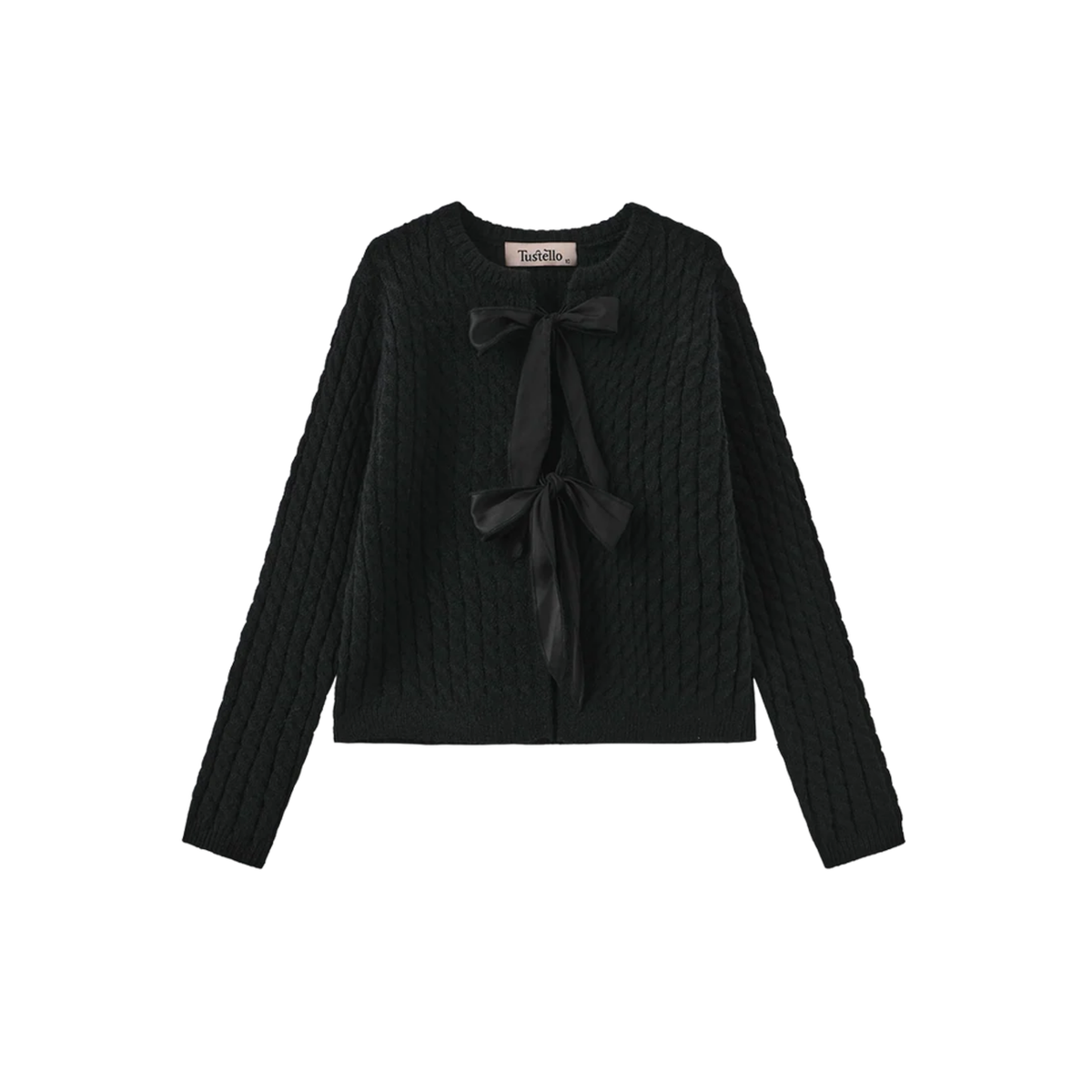 Tustello Black Bg Cable Knit Bow Closure Cardigan