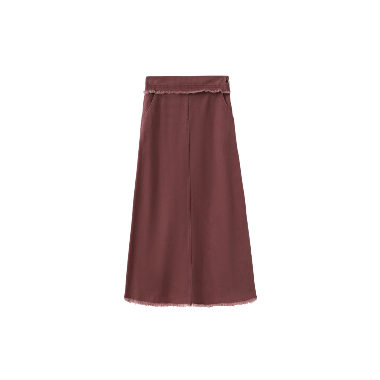 Vibe Wine Denim Fringe Center Seam Skirt