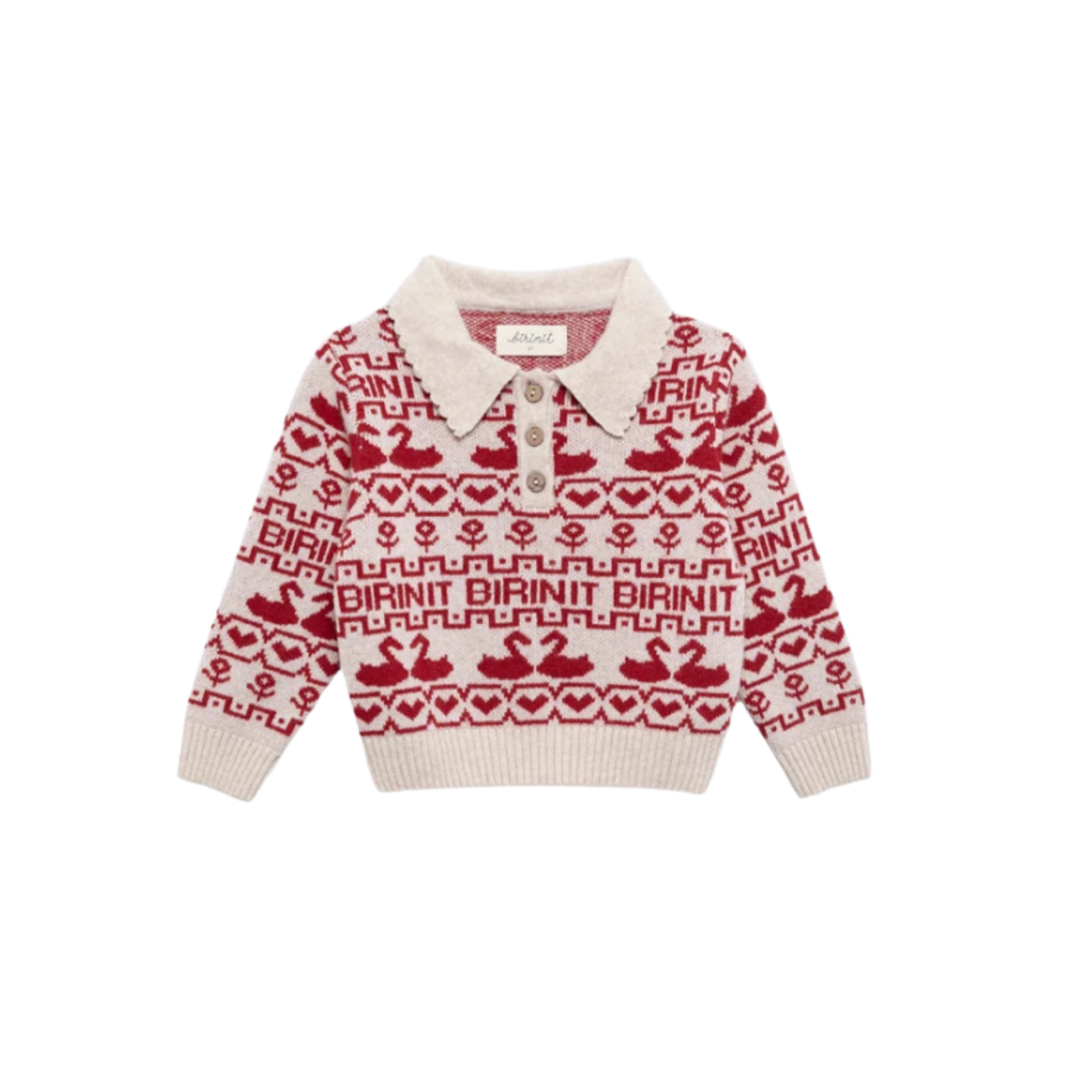 Birinit Cream/Burgundy Cherry Ducks Knit Long Sleeve Sweater
