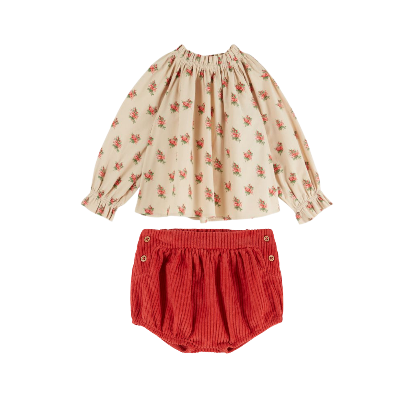 Emile Et Ida Soft Cream/Cherry Soft Floral Bloomer Set
