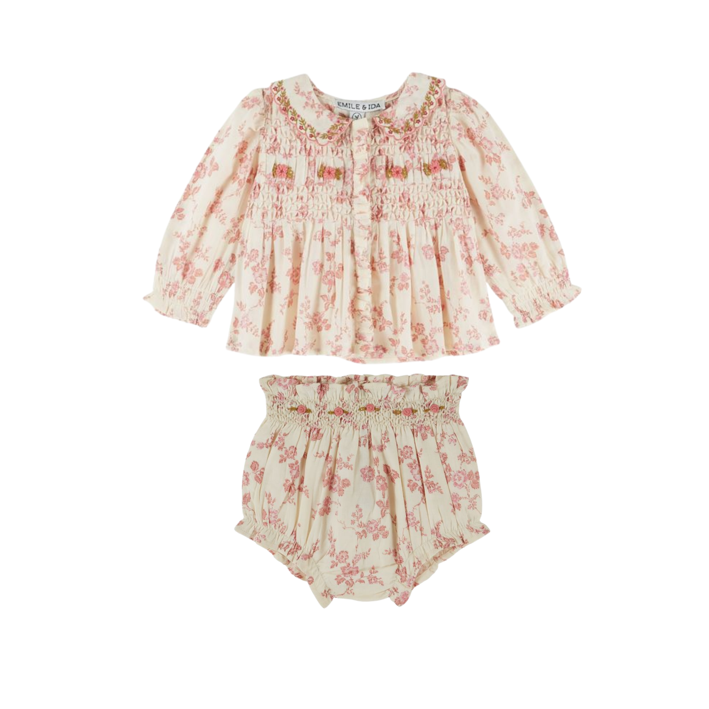 Emile Et Ida Cream Delicate Smocked Bloomer Set
