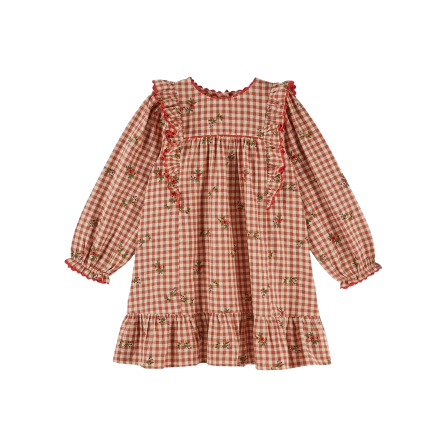 Emile Et Ida Rust Red Gingham Long Sleeve Dress