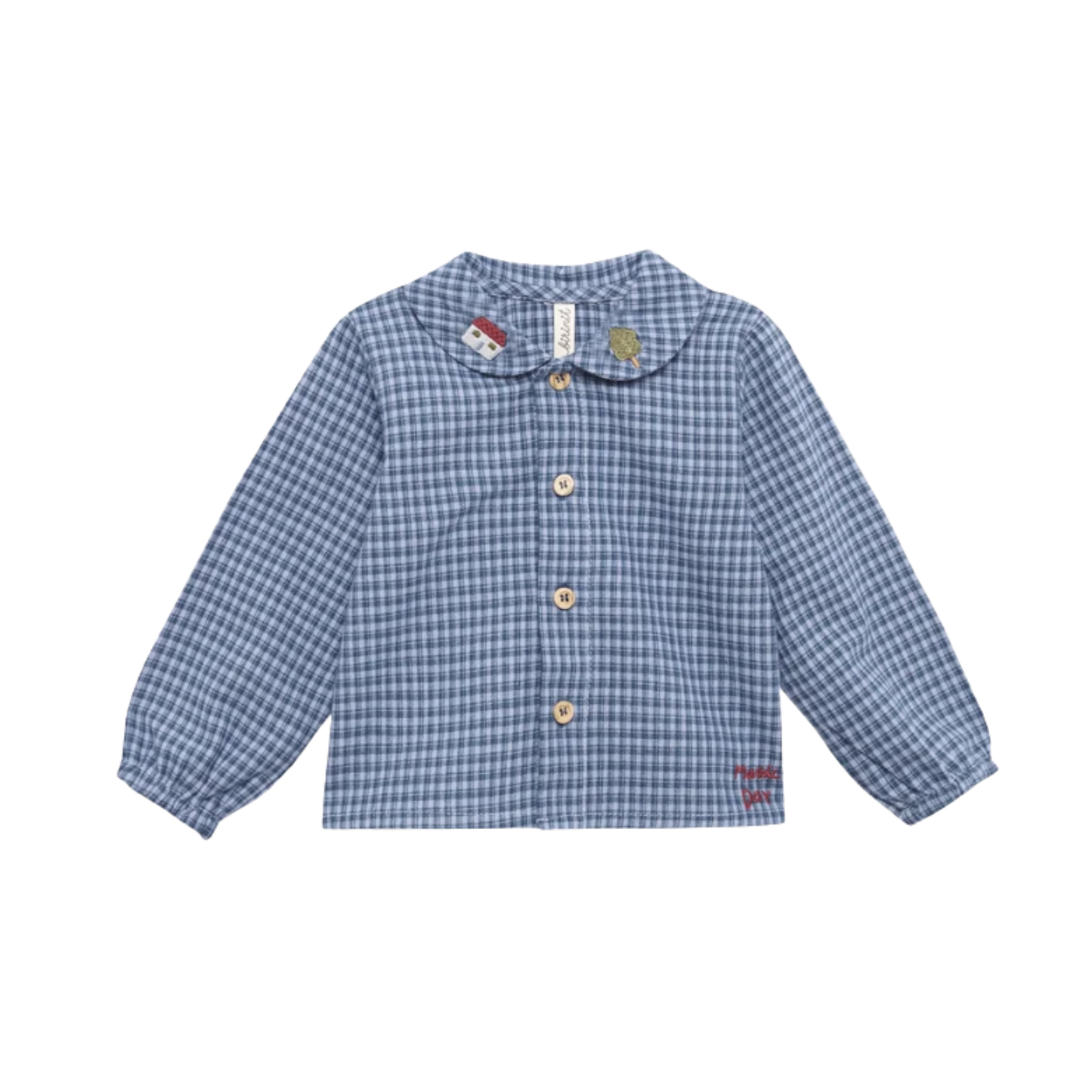 Birinit Indigo Gingham Peter Pan Collar Long Sleeve Shirt