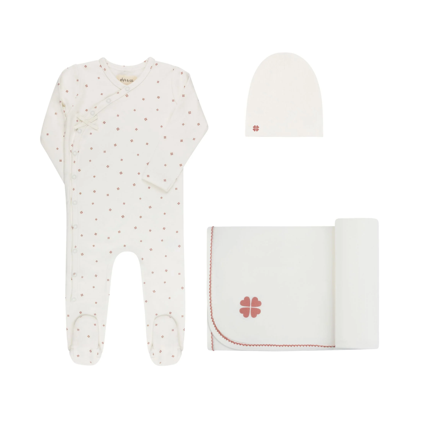 Ely's & Co Ivory Pink Clover Print Layette Set
