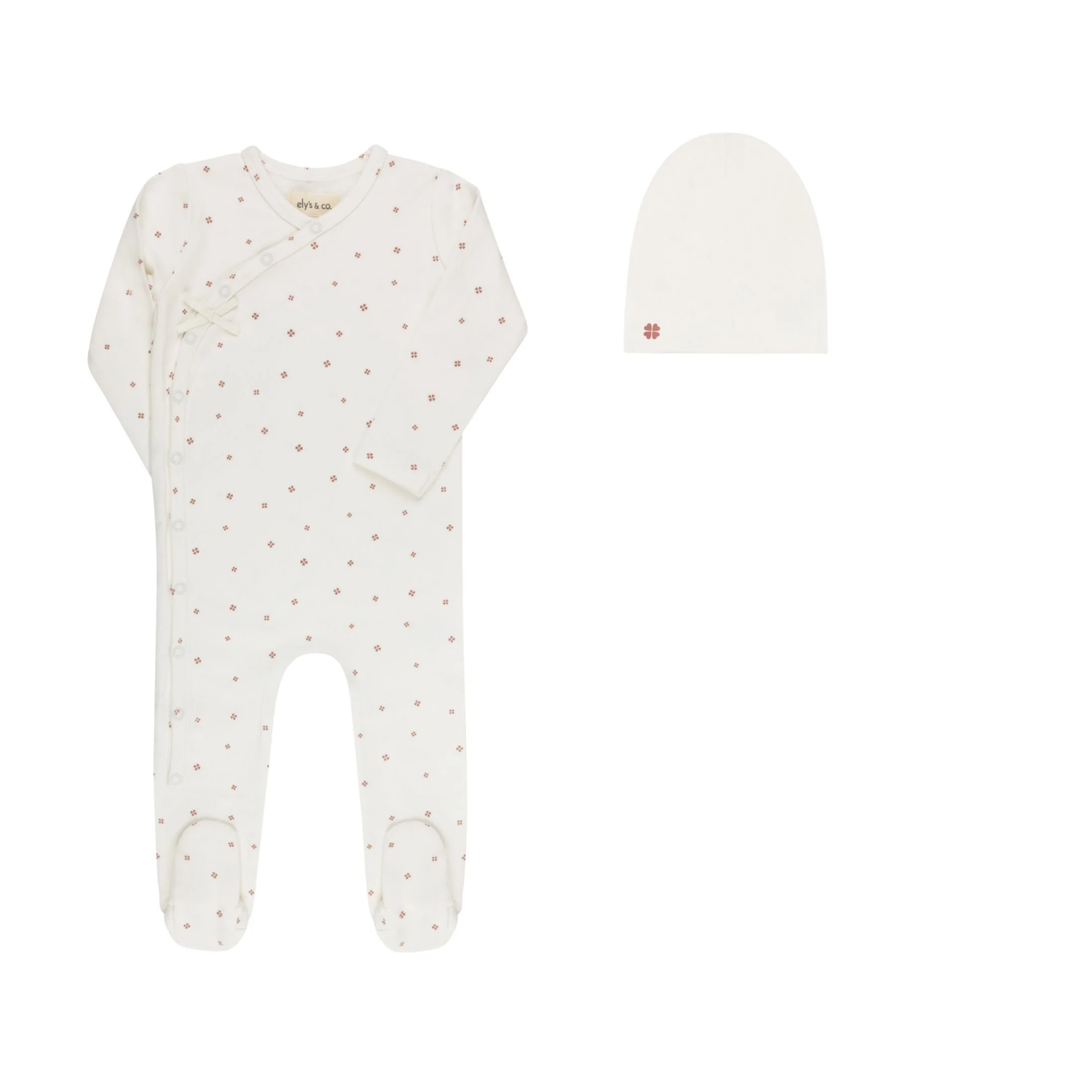 Ely's & Co Ivory Pink Clover Print Footie With Beanie