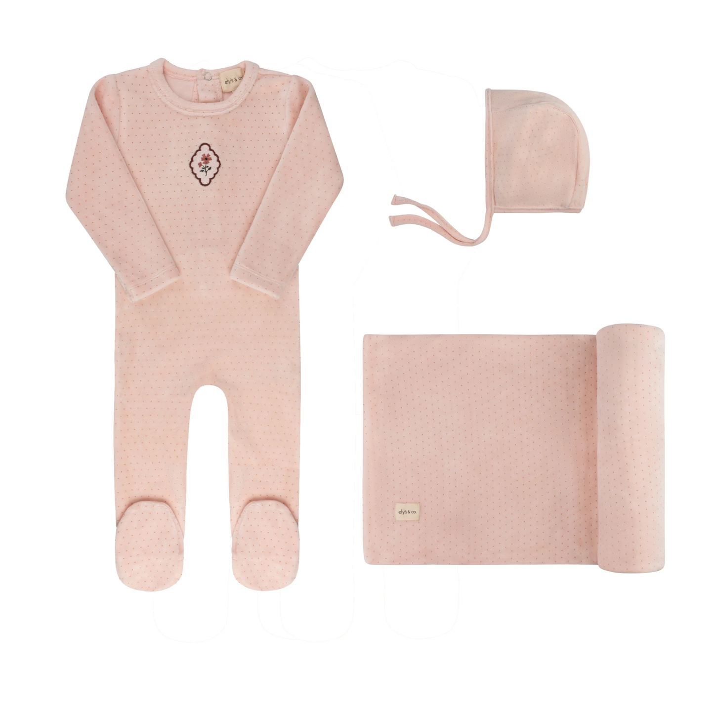 Ely's & Co Pink Embroidered Floral Dot Layette Set