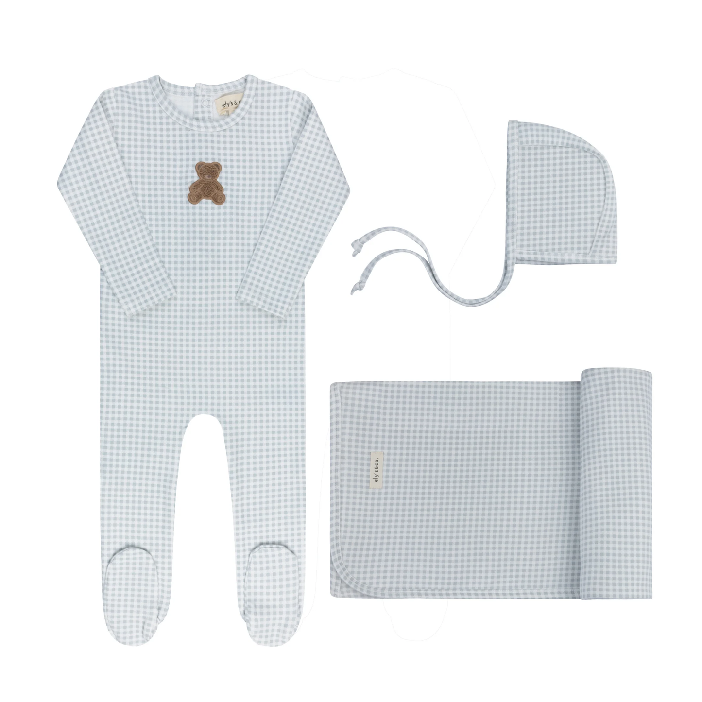 Ely's & Co Blue Gingham Teddy Layette Set