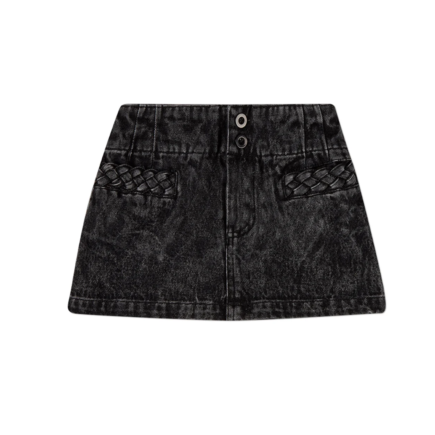 MiniMoi Black Wash Braided Pocket Trim Denim Short Skirt