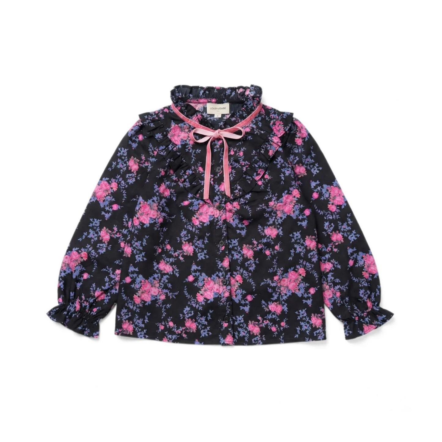 Louis Louise Black Imani Twill Bouquet Long Sleeve Blouse