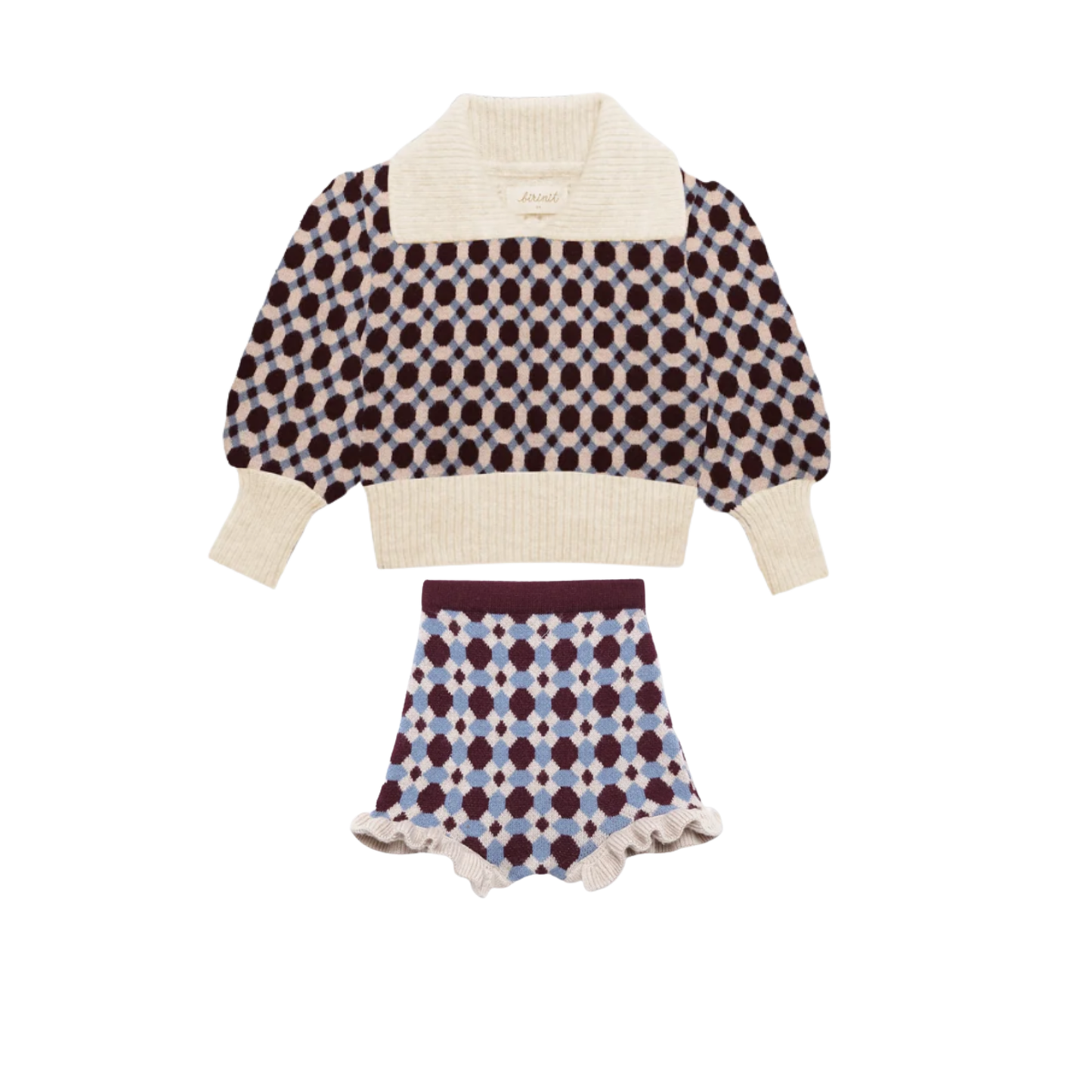 Birinit Cream/Wine Geometric Bloomer Knit Set