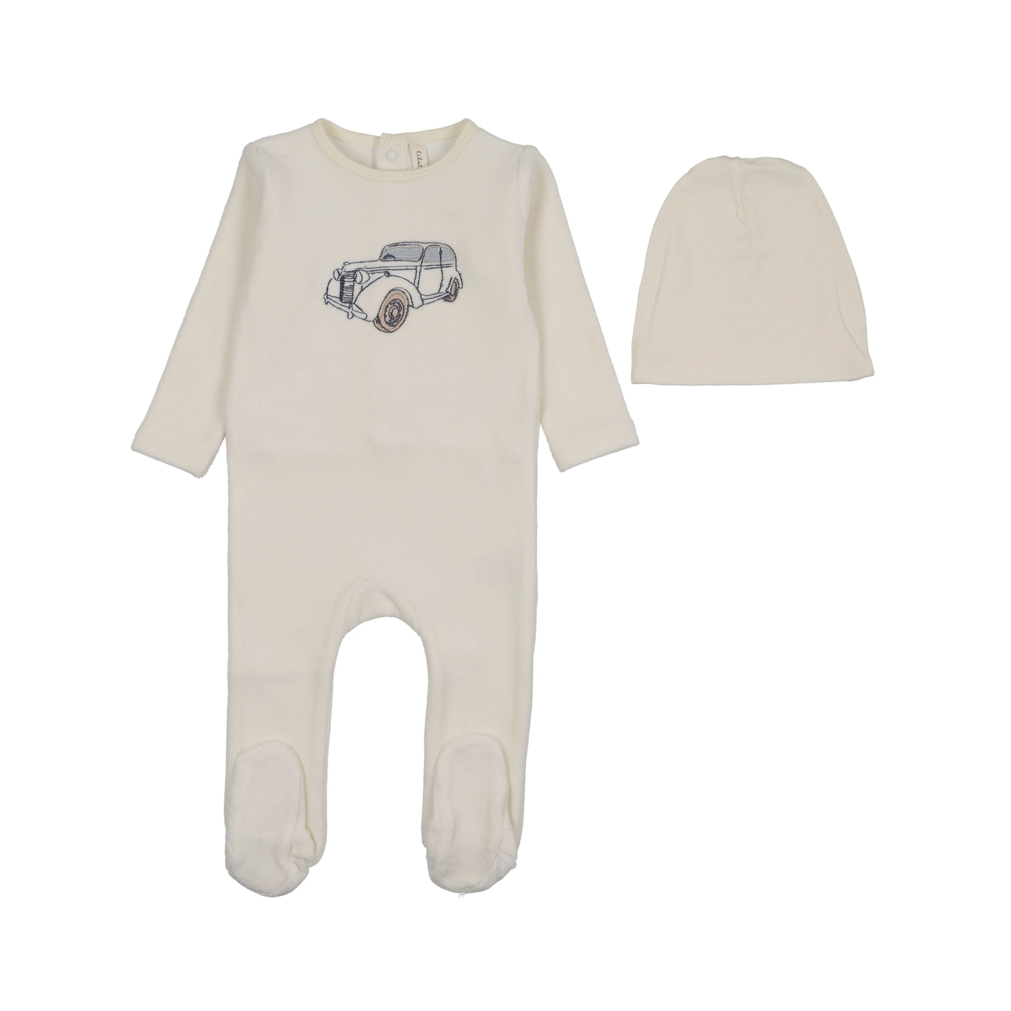 Lilette Cream/Blue Stitched Graphic Velour Footie Set