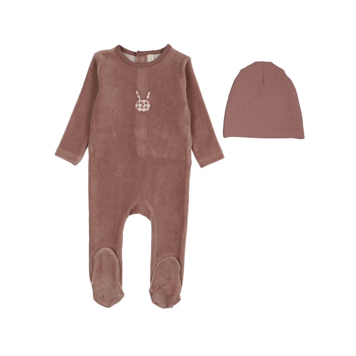 Lilette Mauve Velour Gingham Bunny Footie Set