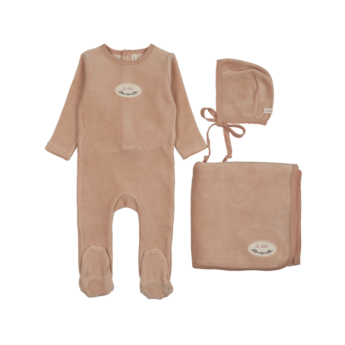 Lilette Dusty Pink Velour Patch Layette Set