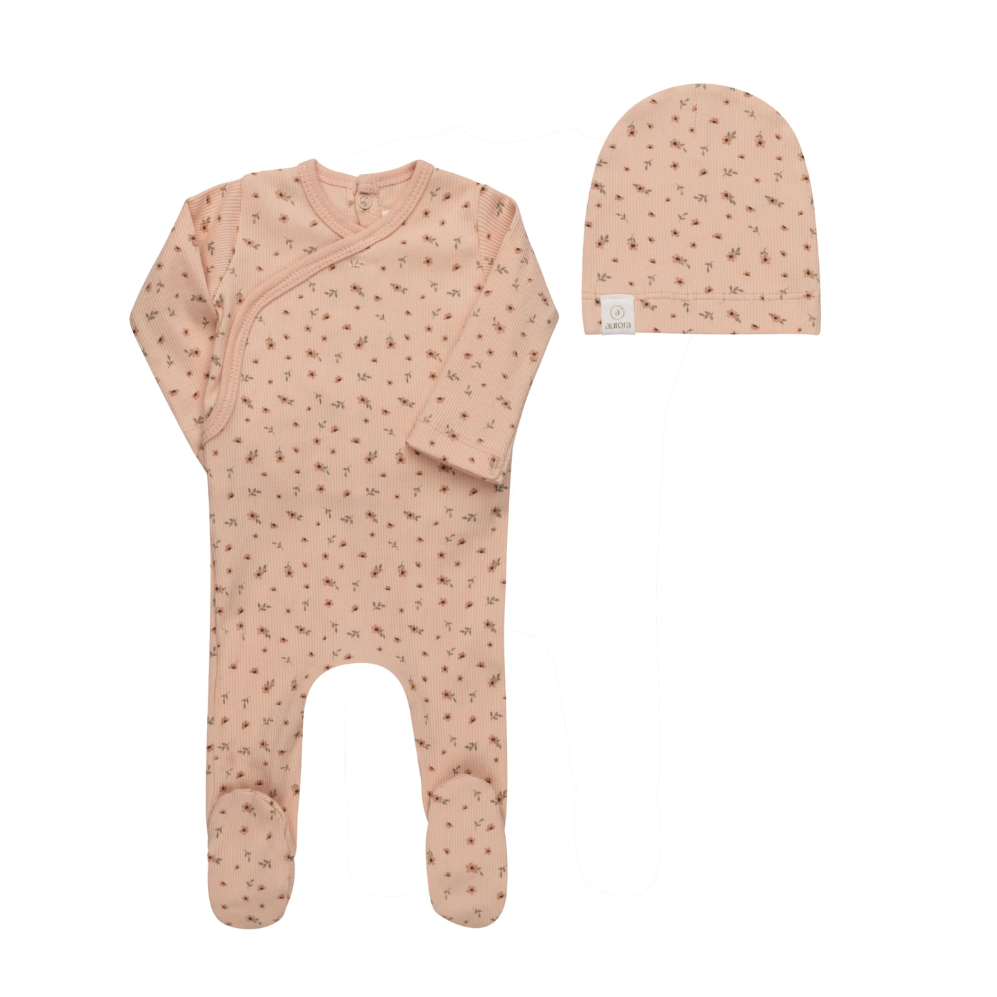 Aurora Pink Floral Rib Collection Footie + Beanie