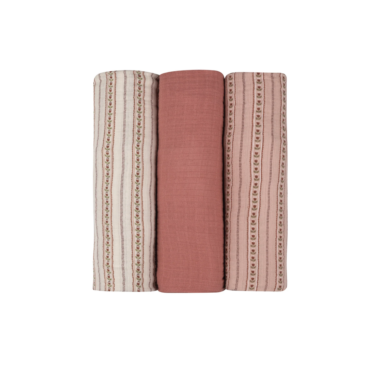 Ely'S & Co Ivory Pink Linear Tulip 3 Pack Muslin Swaddles