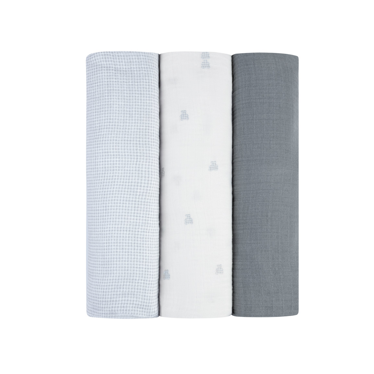 Ely'S & Co Blue 3 Pack Muslin Swaddles Gingham Bear Collection