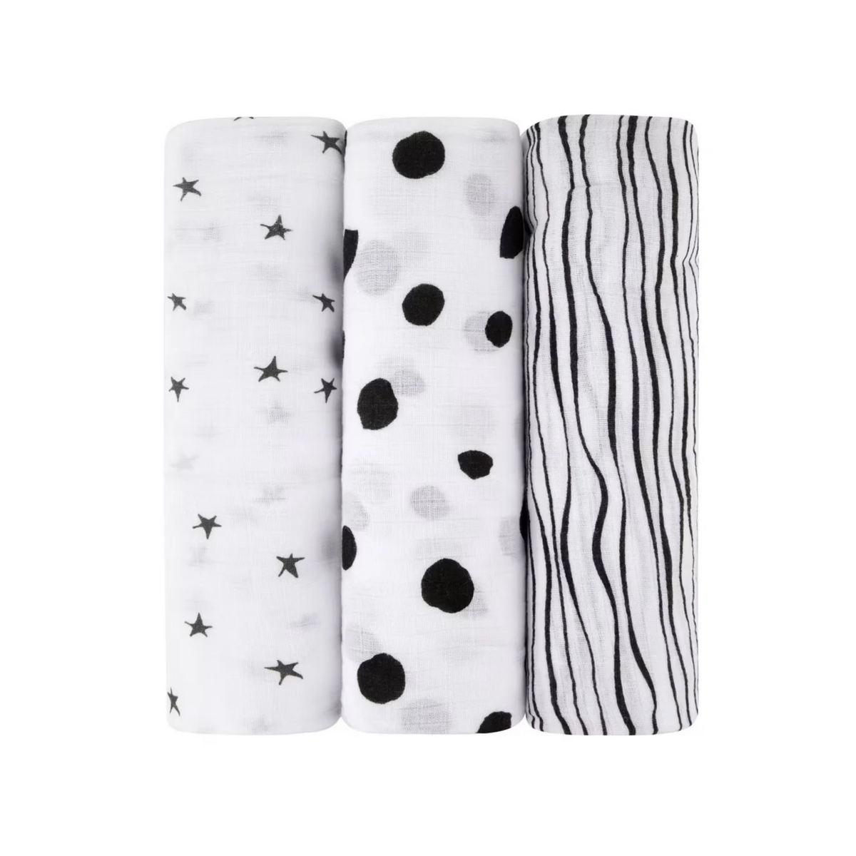 Ely's & Co Black/White 3 Pack Star Stripe Solid Muslin Swaddles