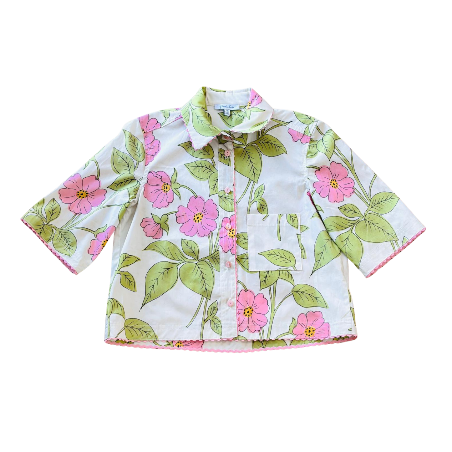 Piccola Ludo Pink/Green Vintage Inspired Floral Print Blouse