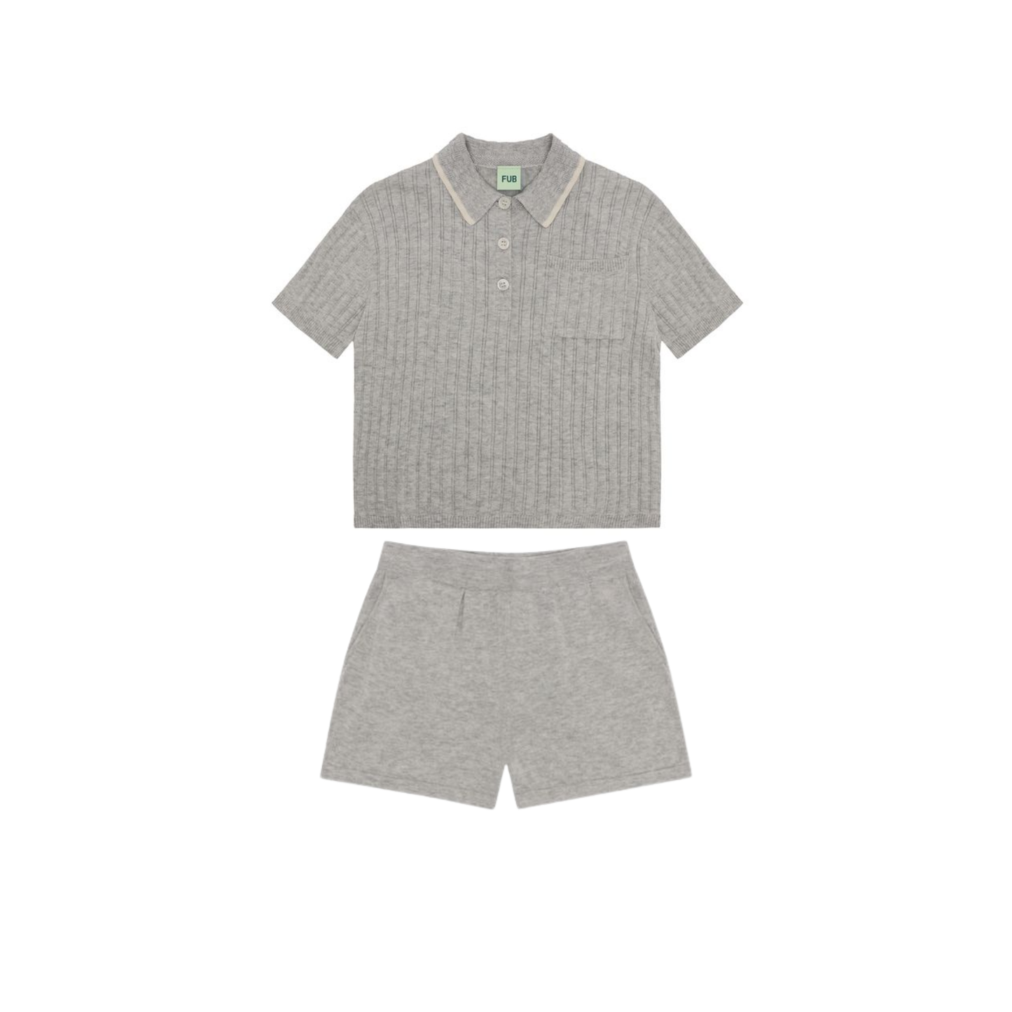 Fub Light Grey Melange Rib Polo Shorts Set