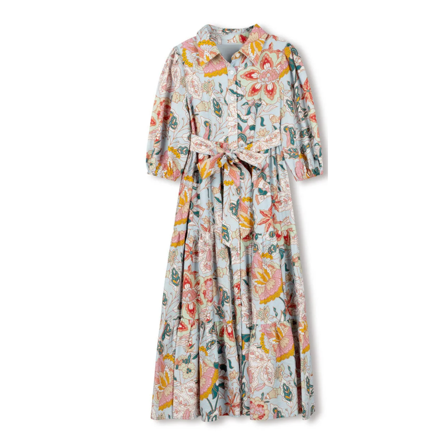 Minimal Floral Floral Tiered Midi Button Down Dress
