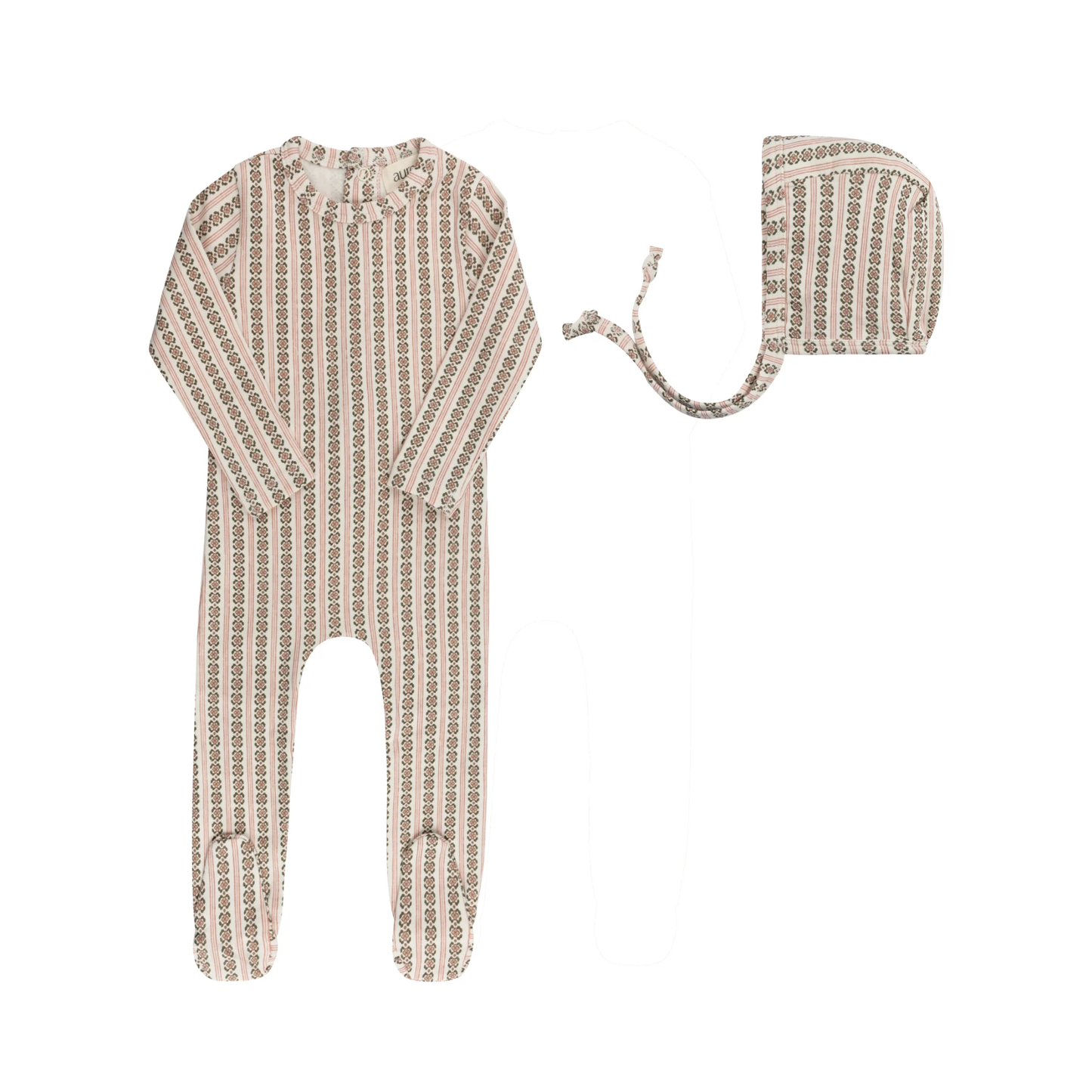 Aurora Ivory Pink Cotton Rib Linear Leaf Collection Footie + Bonnet