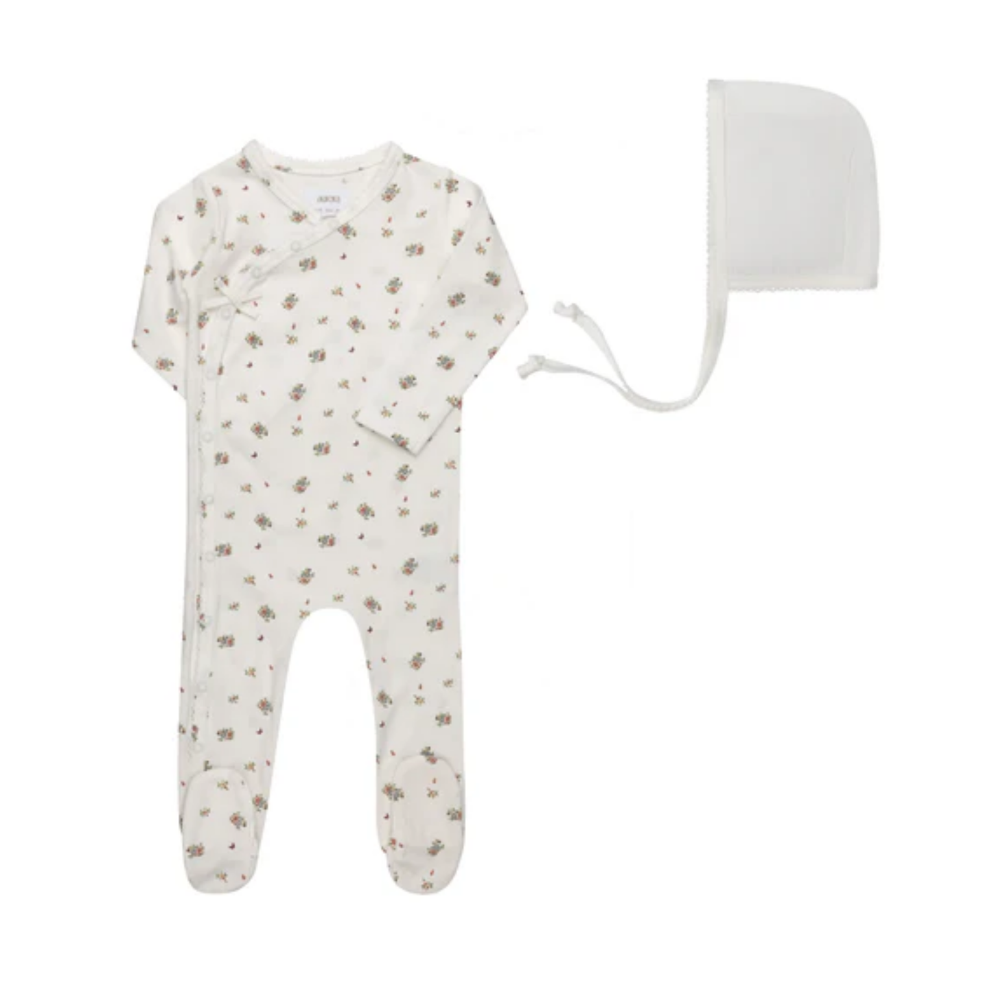 Aurora Ivory Pink Jersey Cotton Floral Print Collection Footie + Bonnet
