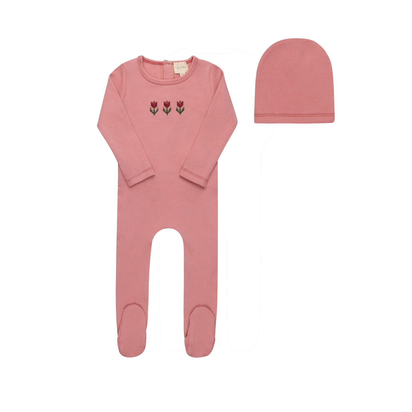 Aurora Pink Cotton Crossstich Tulip Collection Footie + Beanie