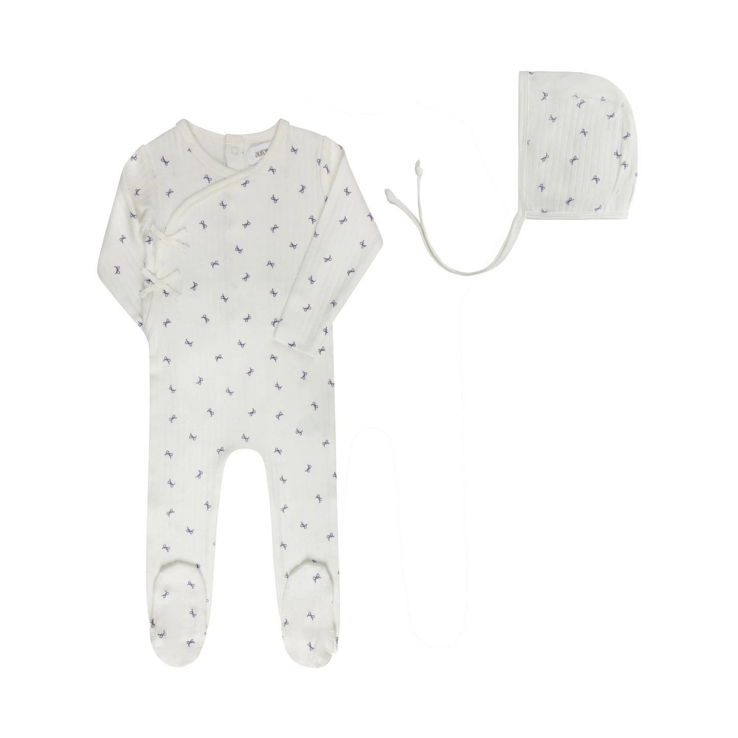 Aurora Ivory Lilac Bow Pattern Collection Footie + Bonnet