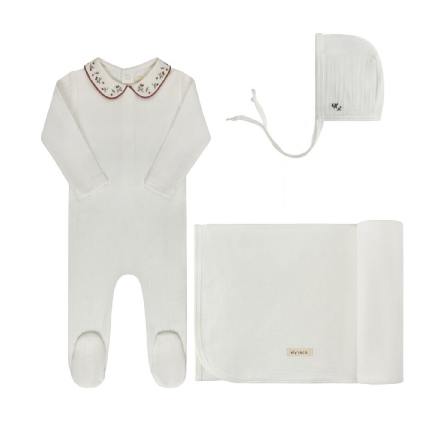 Ely's & Co Ivory Pink Floral Embroidered Collar Collection Take Me Home Set
