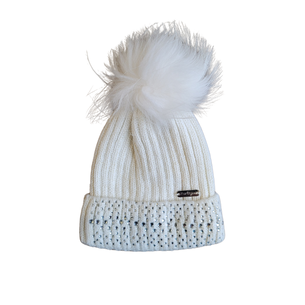 Bari Lynn Small Crystal Cuff Hat With Fur Pom