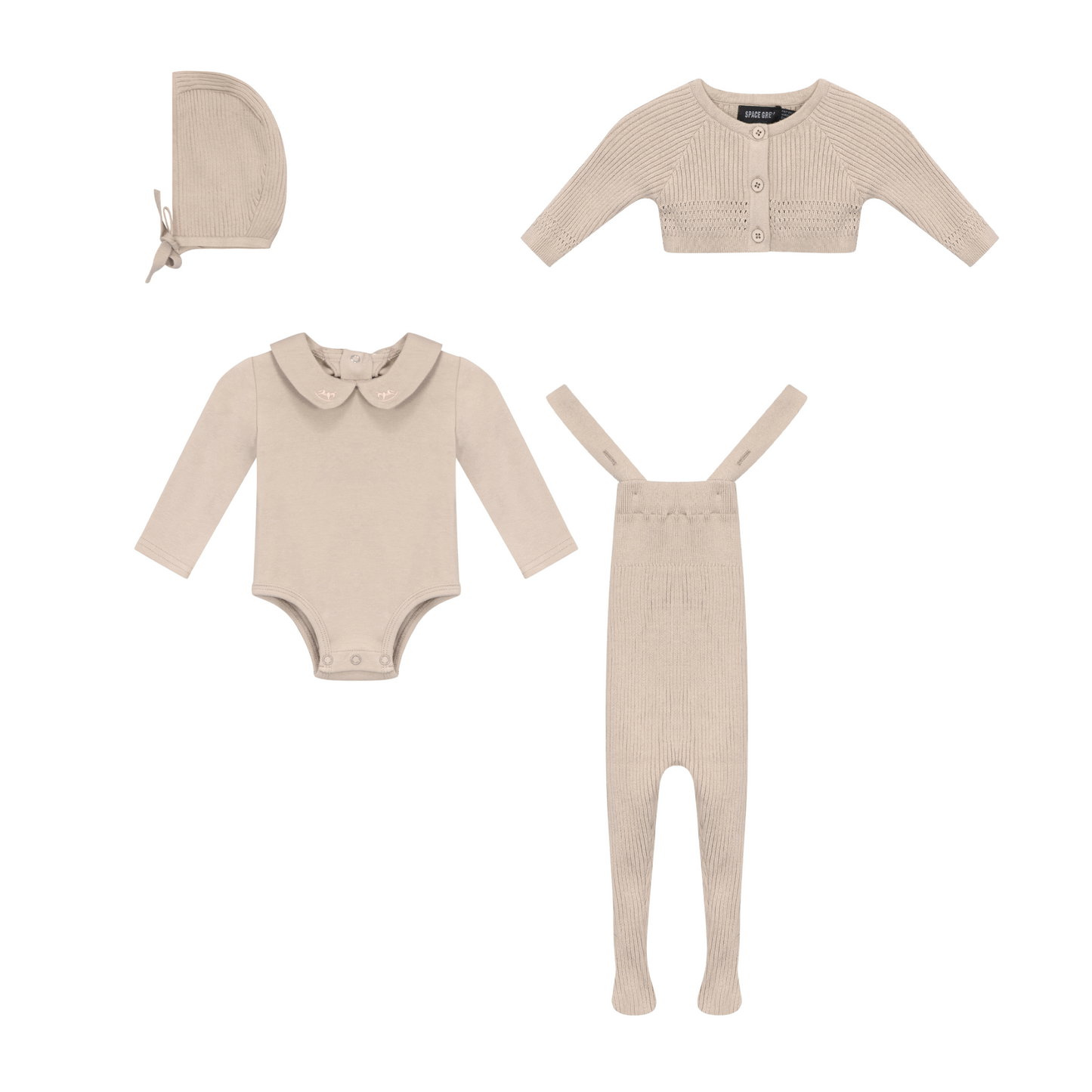 Space Grey Jersey Onesie With Knitted Overall And Cardigan Set