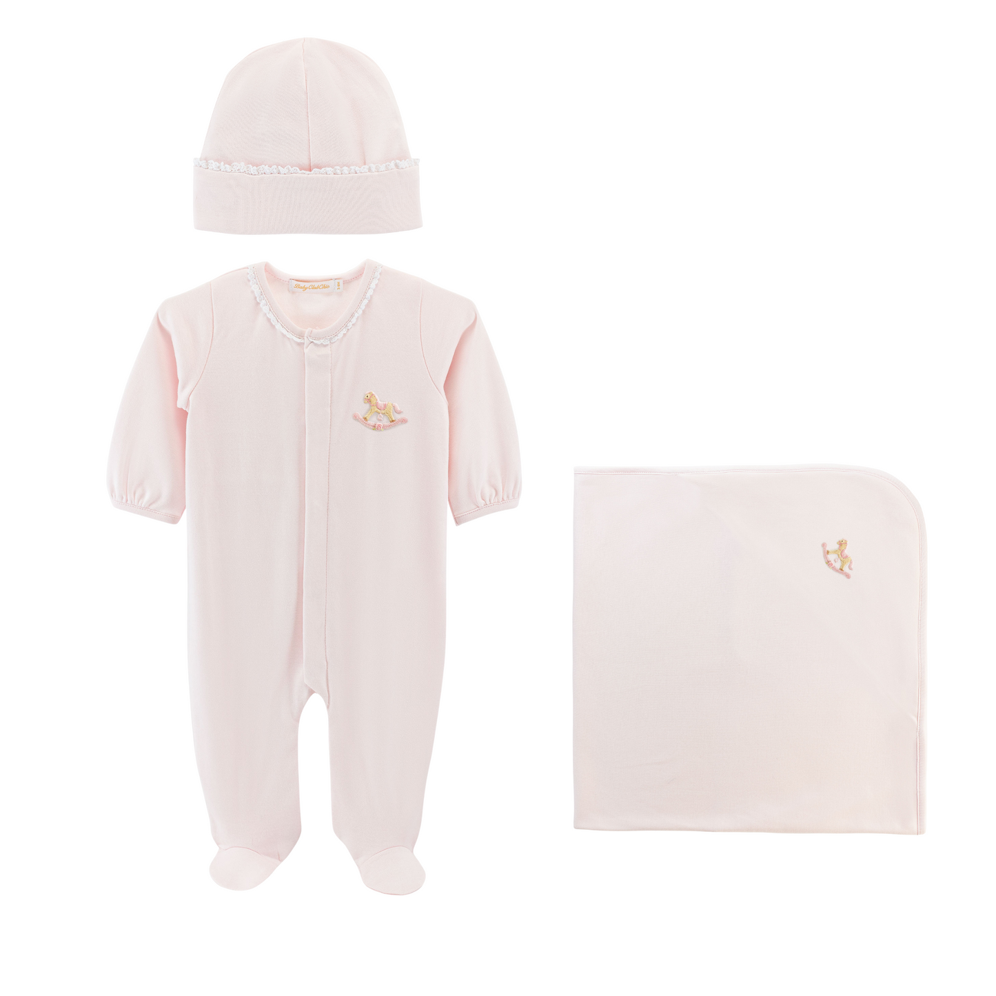 Baby Club Chic Cute Rocking Horse Girl with Lace Trim Footie Set