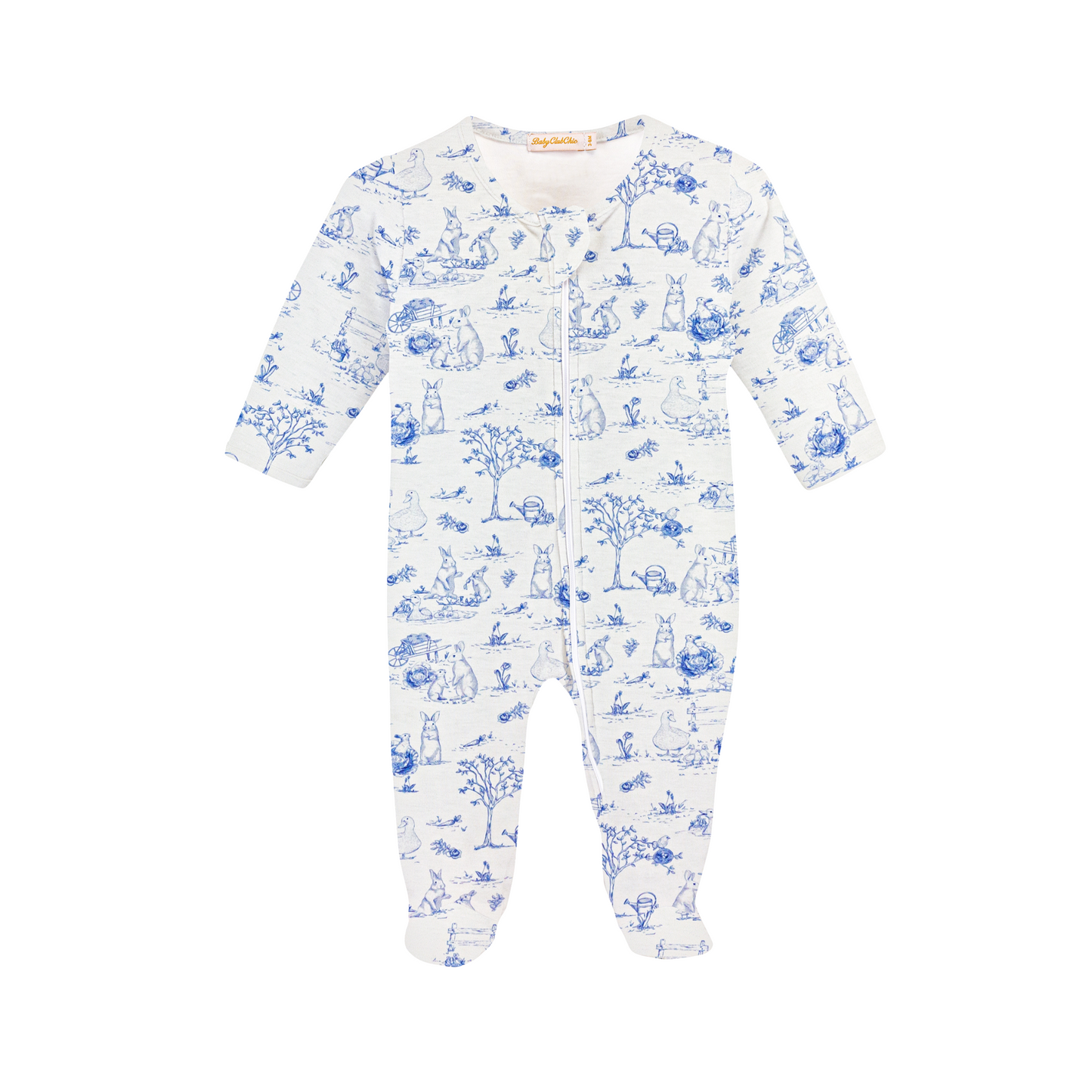 Baby Club Chic Toile Bunnies Printed Boy Zipped Footie