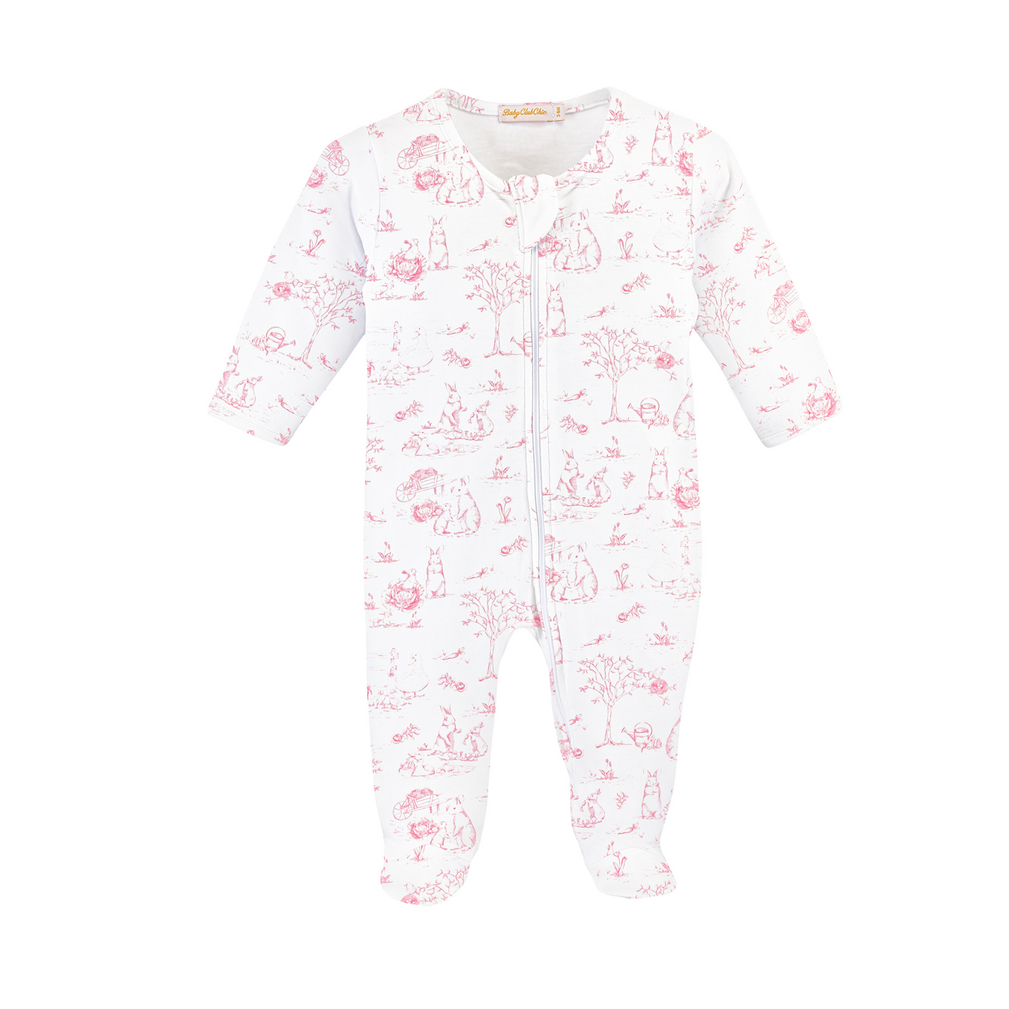 Baby Club Chic Toile Bunnies Printed Girl Zipped Footie