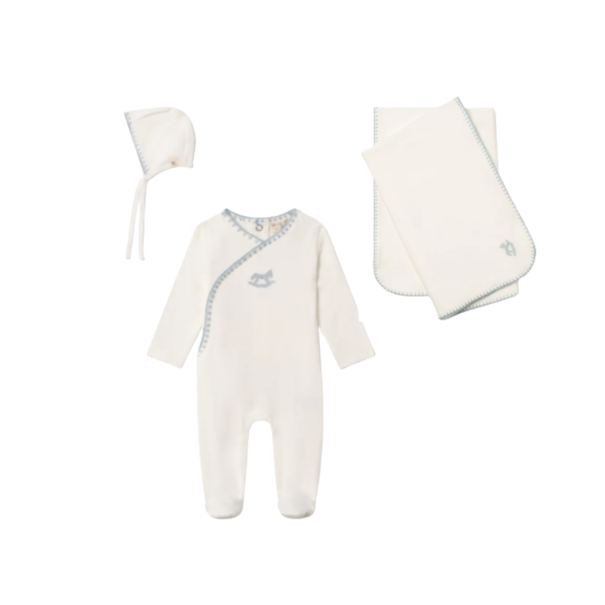 Bebe Bella Fake Wrap Stretchie With Embroidery Layette Set