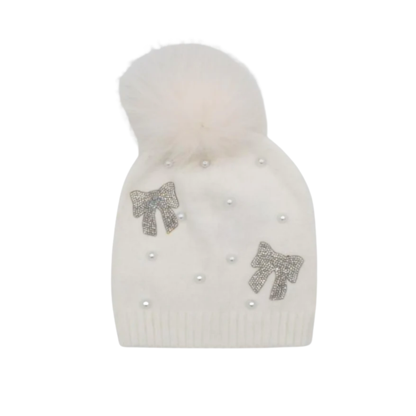 Bari Lynn Winter White Crystal Bow And Pearl With Fur Hat