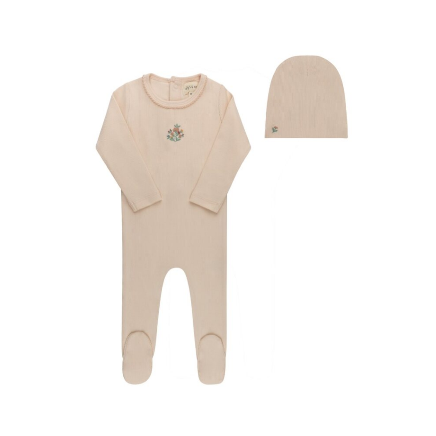 Ely's & Co Pink Ribbed Floral Embroidered Collection Footie + Beanie