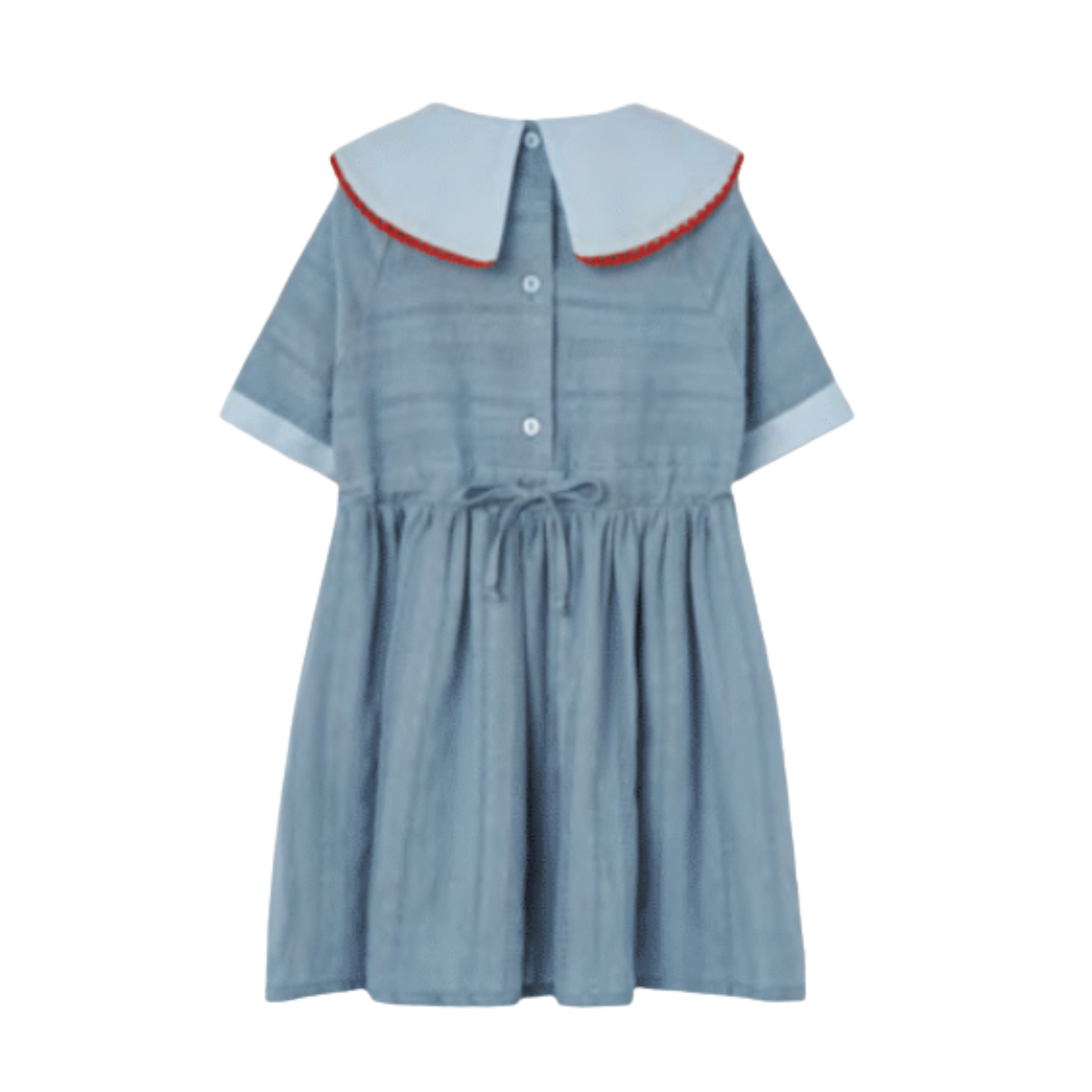 Popelin Blue Embroidered Bib Collar Short Sleeve Dress